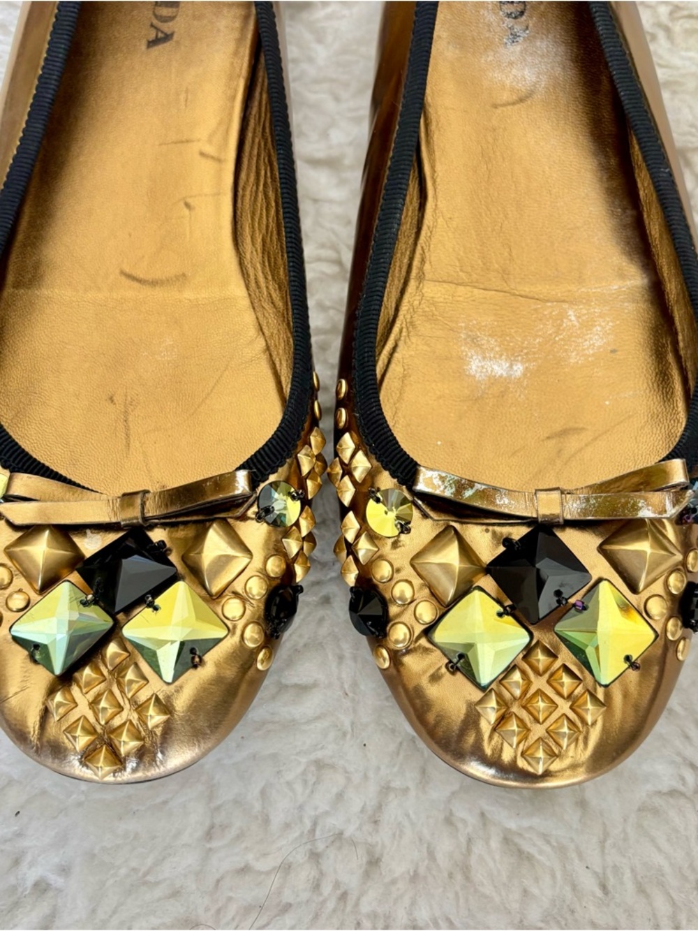 Prada Gold Metallic Embellished Jeweled Ballet Flats size EU 38.5  US 8 - Picture 8 of 12